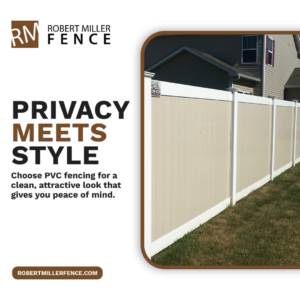 A newly installed beige PVC privacy fence in a residential backyard by Robert Miller Fence in Indianapolis, IN.