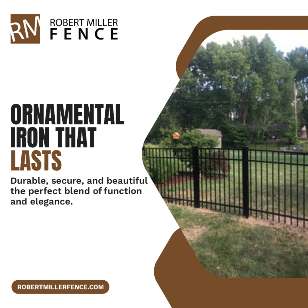 A newly installed black ornamental iron fence in a backyard by Robert Miller Fence in Indianapolis, IN.