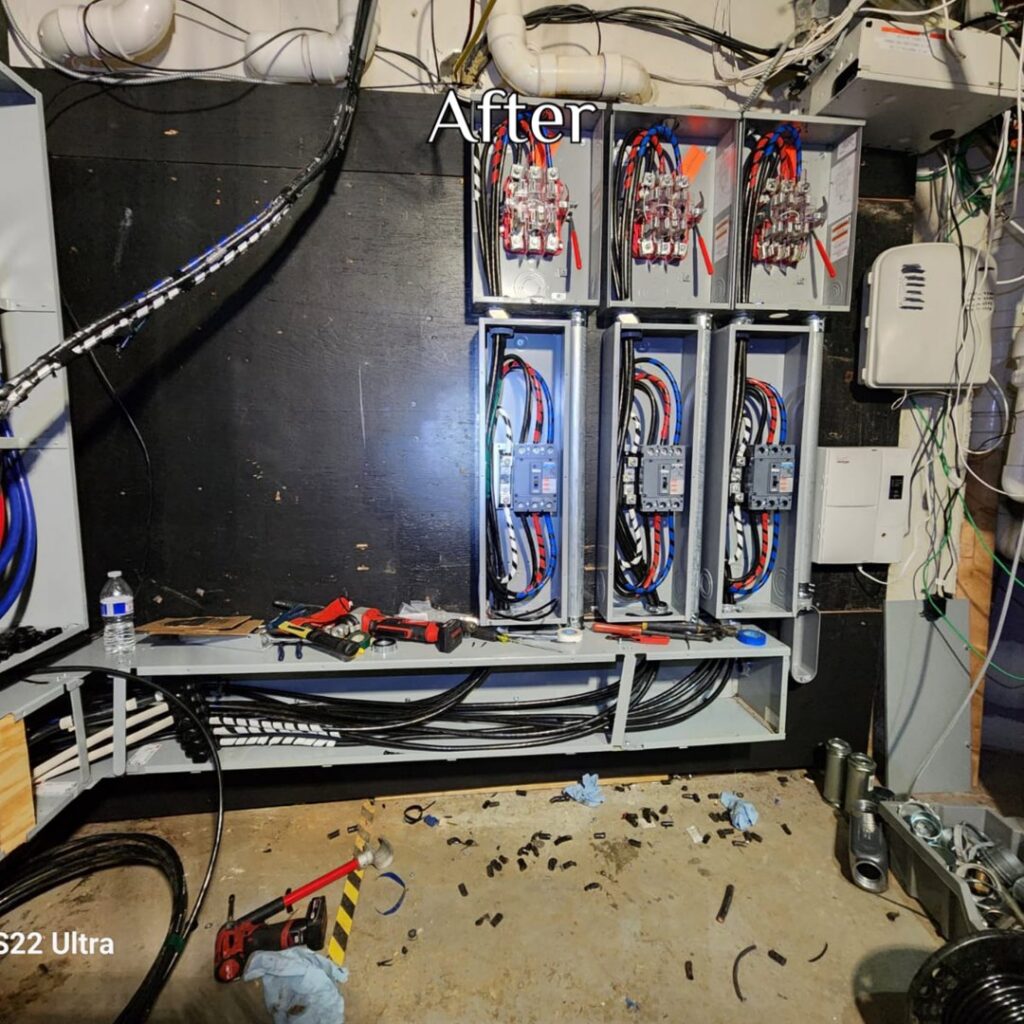 A completed electrical panel and conduit installation by Henelect Electrical Contractors in Milford, NJ.