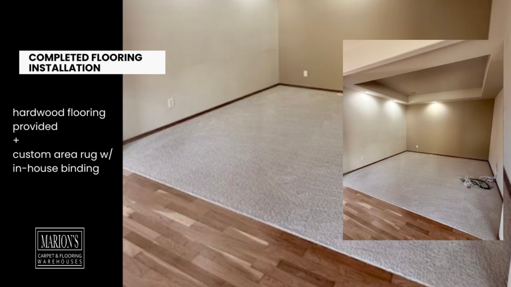 A completed flooring installation featuring hardwood and a custom area rug by Marion's Carpet & Flooring Warehouses in Portland, OR.