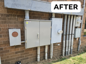 A completed outdoor electrical panel and meter installation by Monty Enterprises in Canton, OH.