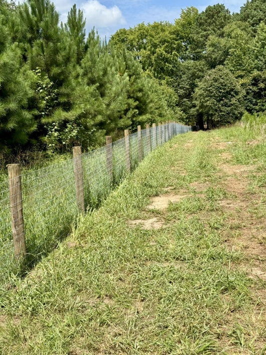 A completed wire fence with wooden posts along a grassy path by Smith Land and Farm in Mansfield, GA