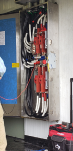A close-up view of complex electrical panel wiring and connections by F & L Electrical, LLC in Clemmons, NC.