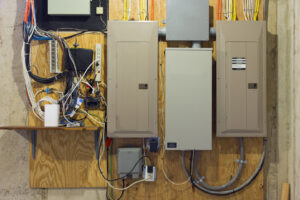 A complex electrical panel and wiring installation on a wooden board by Next Level Contracting LLC in Dayton, OH