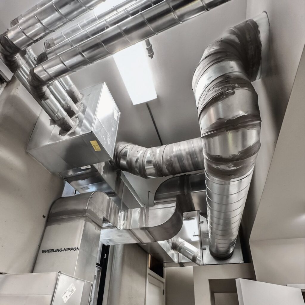 Complex and extensive metal HVAC ductwork installation in a commercial building by Air-Flow Mechanical Services, Inc. in Cincinnati, OH.