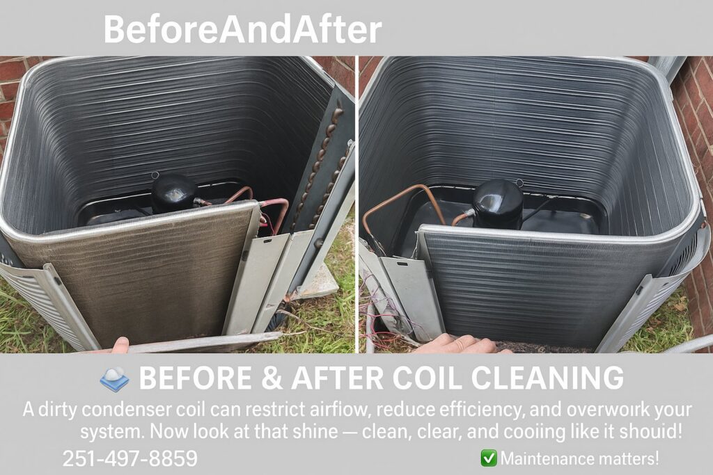 Before and after images of a condenser coil cleaning service by Southern Heating & A/C LLC in Mobile, AL.