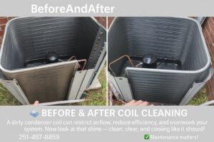 Before and after images of a condenser coil cleaning service by Southern Heating & A/C LLC in Mobile, AL.