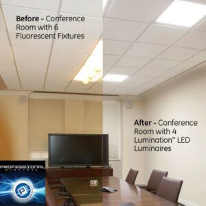 Before and after comparison of a conference room with new LED lighting installed by Professional Electric in Mobile, AL