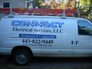 A Connect Electrical Services, LLC work van with a ladder on the roof rack in Annapolis, MD.