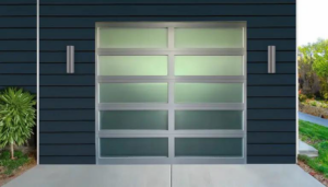 A contemporary garage door with frosted glass panels installed by Dylan's Garage Doors & Service in Columbia, MO.