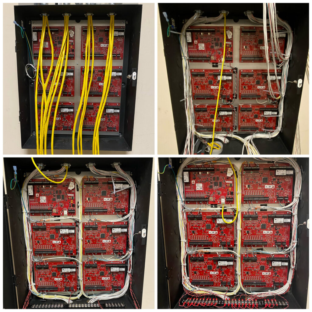 A control panel with multiple red circuit boards and yellow data cables being wired by CAAM Integration LLC in Albuquerque, NM.