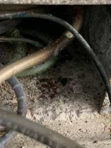 Close-up of corroded electrical wires, showing a repair need by Hulett Electric & Father in Shaftsbury, VT.