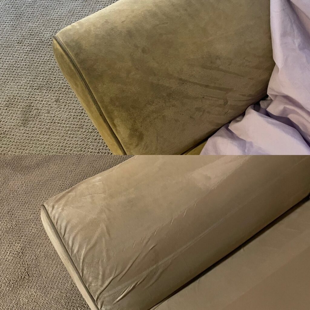 Before and after professional couch cushion upholstery cleaning by Arizona Steamers Carpet Care in Phoenix, AZ.