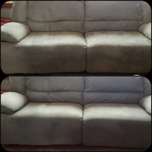 Before and after comparison of couch upholstery cleaning by Troy West Carpet Cleaning in Morristown, VT.