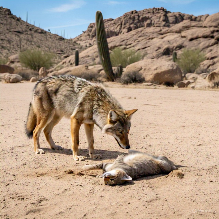 A coyote standing over its prey in a desert, illustrating the need for predator control by High Desert Predator Control in Pocatello, ID.