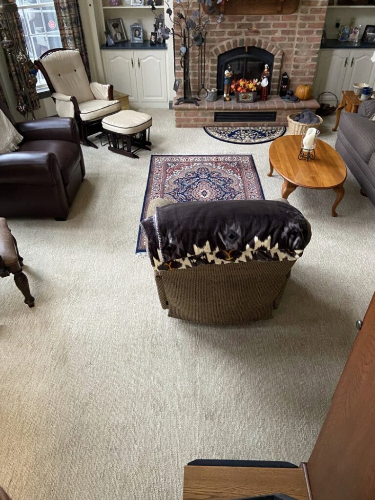 A cozy living room featuring a new wall-to-wall carpet installation by Burkholder's Flooring America in Hagerstown, MD.
