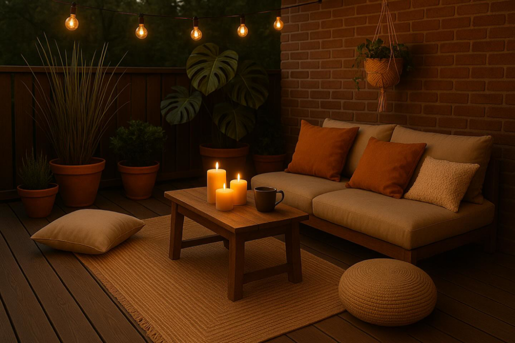 A cozy outdoor deck at dusk with a woven rug, candles, and seating, showcasing products from Adiva Rugs in Chicago, IL.