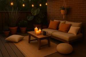 A cozy outdoor deck at dusk with a woven rug, candles, and seating, showcasing products from Adiva Rugs in Chicago, IL.