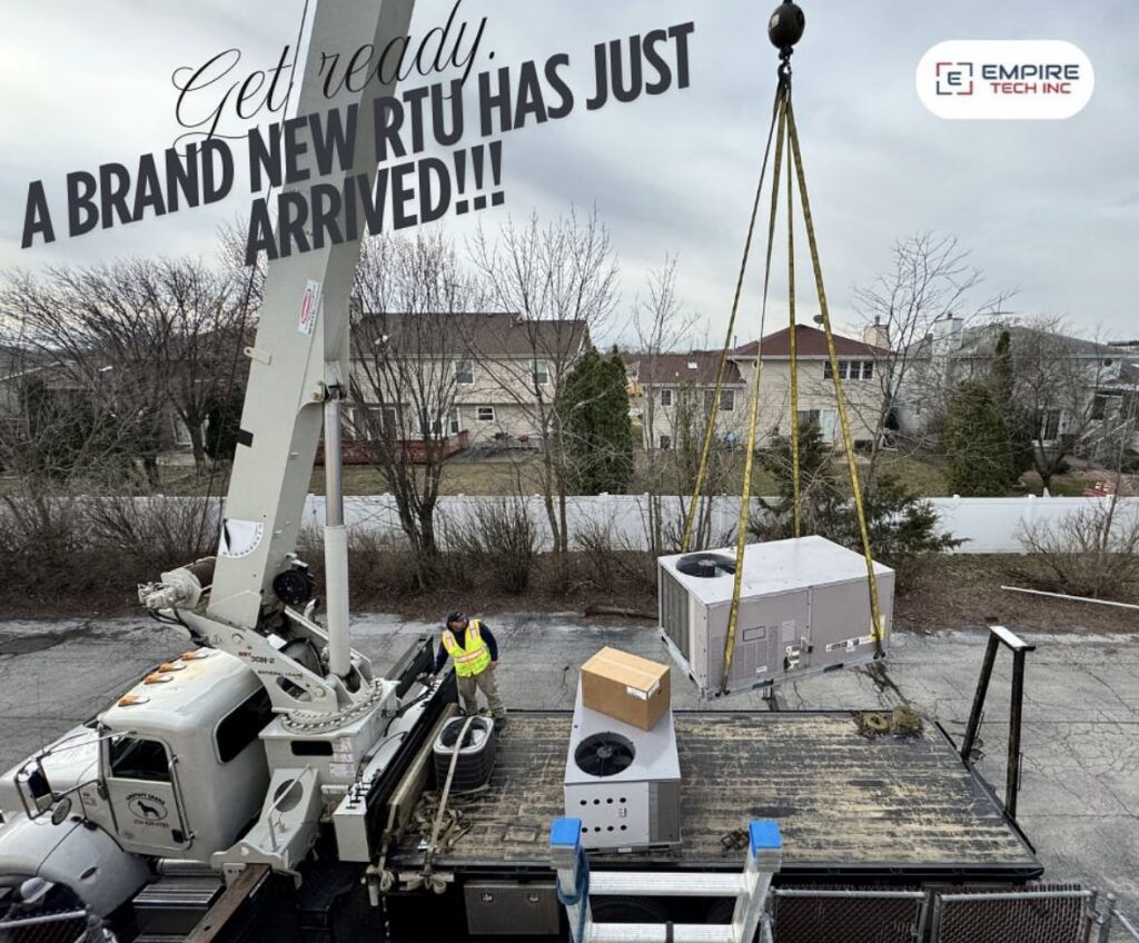 A crane delivering a brand new rooftop HVAC unit for Empire Tech, Inc. installation in Schaumburg, IL.