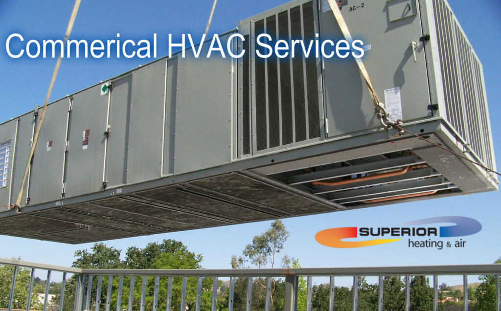 A crane lifting a large commercial HVAC unit for installation by Superior Heating & Air in Harvest, AL.