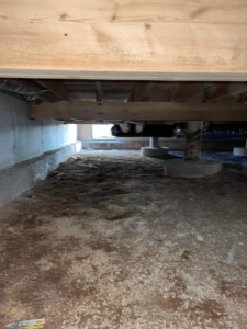 A dirt floor crawl space with concrete piers and wooden beams, ready for inspection or treatment by Buzz Pest Control in Springfield, MO.