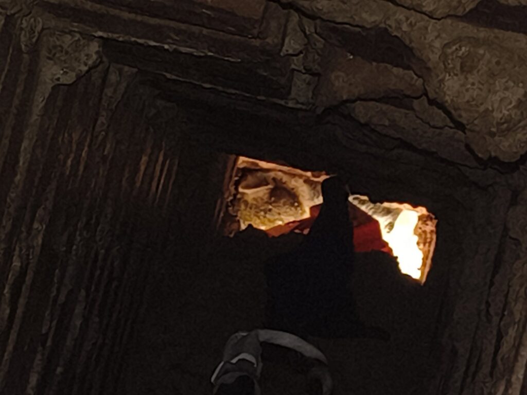 A technician inspecting a dark crawl space or attic entry point for wildlife issues in Wichita, KS, by Kansas Wildlife Pros.