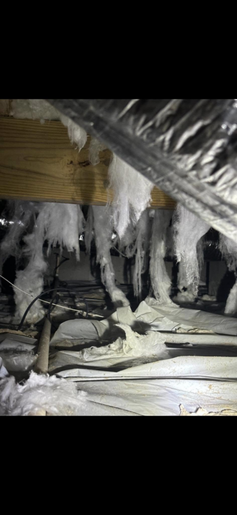 A crawl space showing hanging insulation and HVAC ductwork from Greene Mechanical in Holly Springs, GA.
