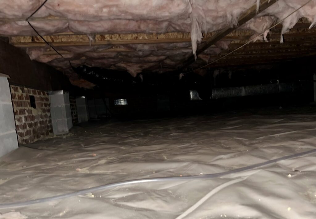 A wide view of a crawl space with a newly installed moisture barrier by Perry Crawl Space & Pest Control Solutions LLC in Chesapeake, VA.