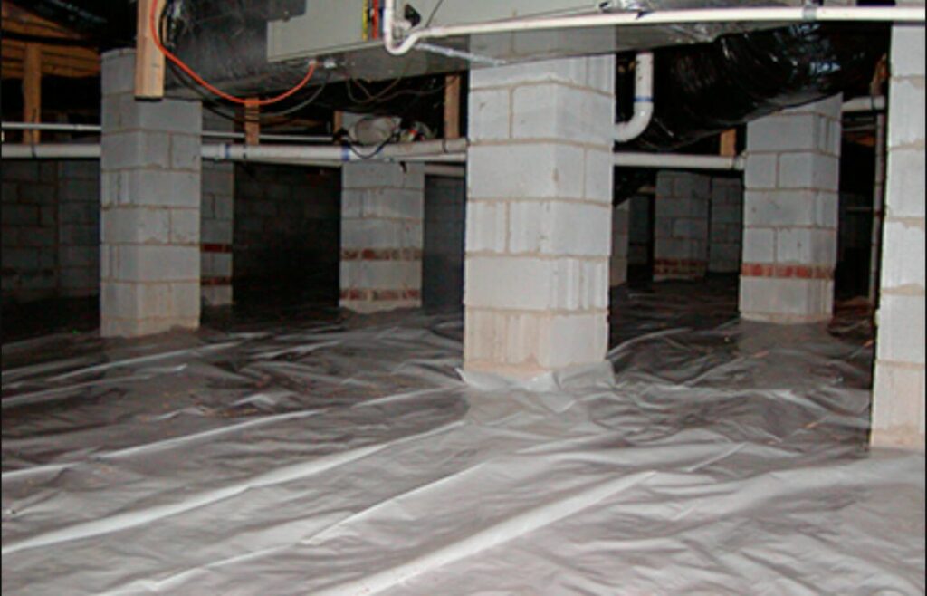 A clean crawl space with a newly installed white vapor barrier, a service by Sellers Pest Control in Summerville, SC.