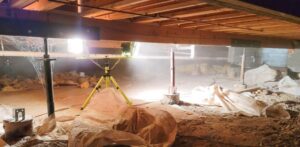 Pest control and encapsulation work in progress within a crawlspace, performed by 1 Pest Solution in Winston-Salem, NC.