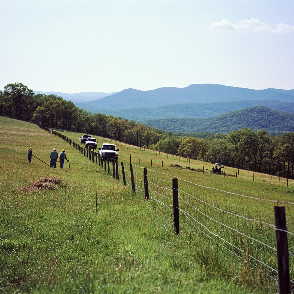 A crew installing a new wire fence with wooden posts in a rural area for Roanoke Fence Company in Roanoke, VA.