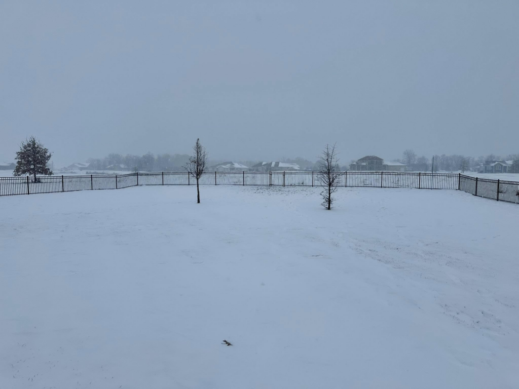 A curved black ornamental fence extending across a snowy landscape, installed by JD Fencing LLC in Boone, IA.