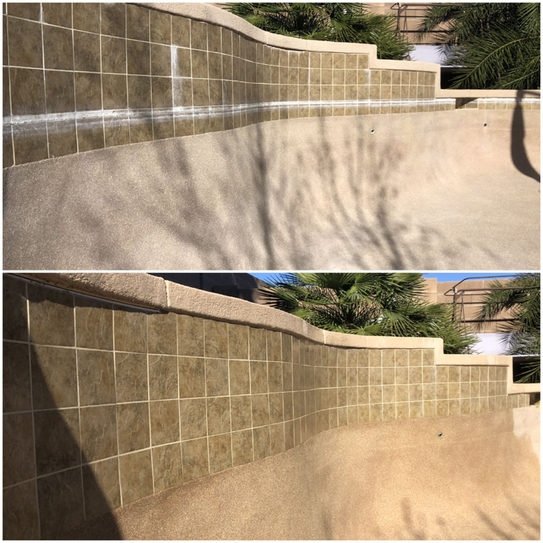 Before and after view of curved pool tile cleaning and descaling by Surprise Pool & Spa in Surprise, AZ