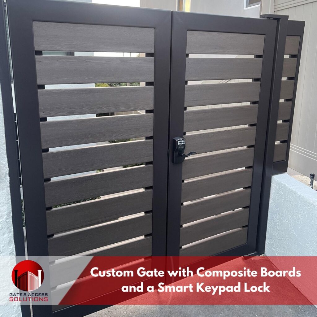 A custom gate with composite boards and a smart keypad lock installed by Gates Access Solutions in San Diego, CA