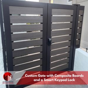 A custom gate with composite boards and a smart keypad lock installed by Gates Access Solutions in San Diego, CA