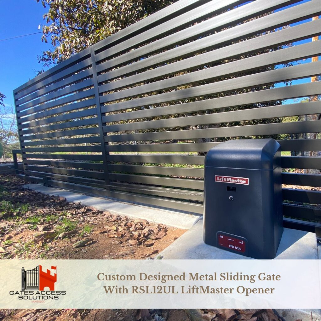 A custom designed metal sliding gate with a LiftMaster RSL12UL opener by Gates Access Solutions in San Diego, CA