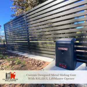 A custom designed metal sliding gate with a LiftMaster RSL12UL opener by Gates Access Solutions in San Diego, CA