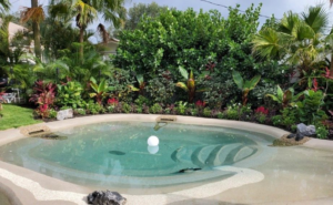 A beautifully landscaped custom-shaped pool, showcasing a completed project by The Staycation Builders in Fort Wayne, IN.