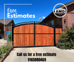 A custom-built wood and wrought iron driveway gate installed by AMG Fencing in Sacramento, CA