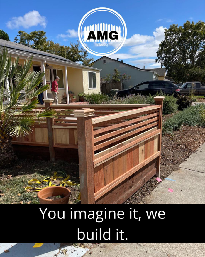 A custom wood fence or railing under construction, showcasing work by AMG Fencing in Sacramento, CA