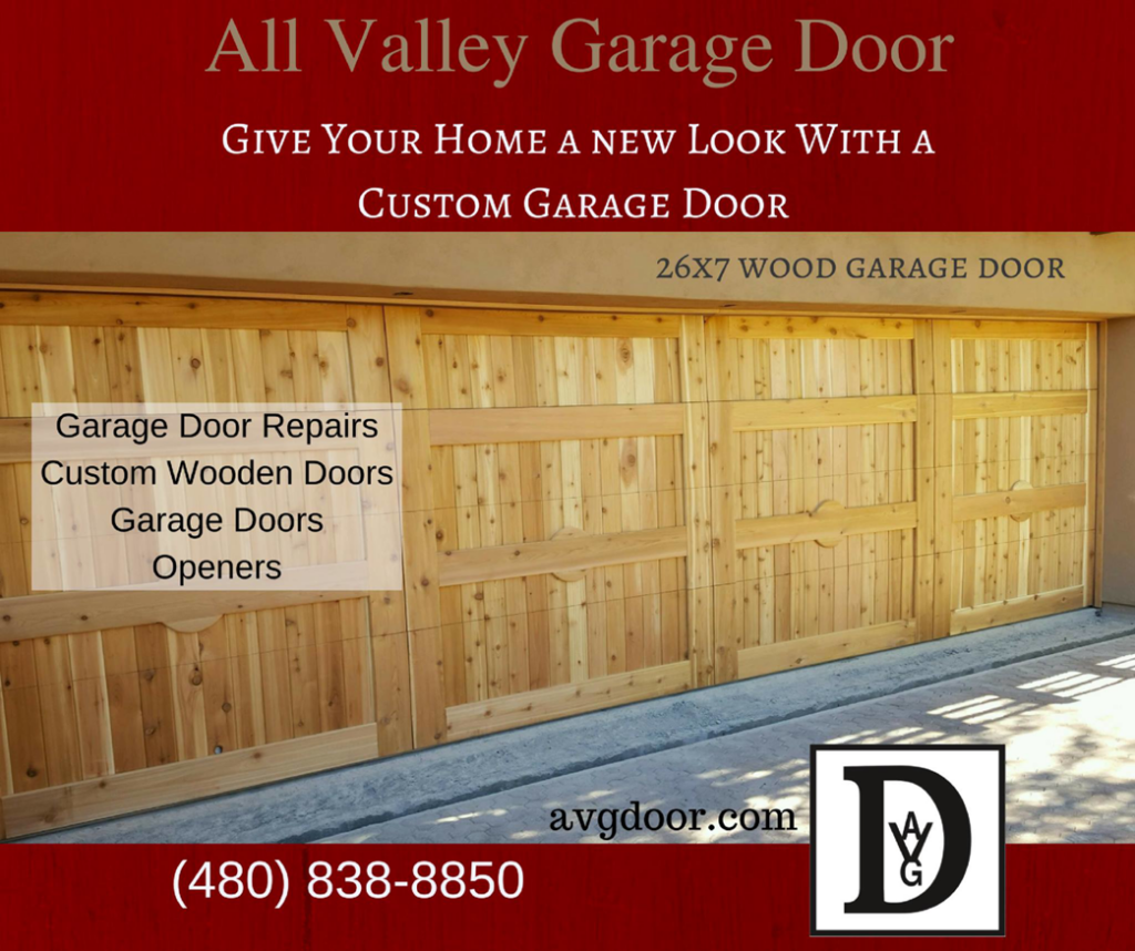 A custom wood garage door installed by All Valley Garage Door in Gilbert, AZ, showcasing their craftsmanship.