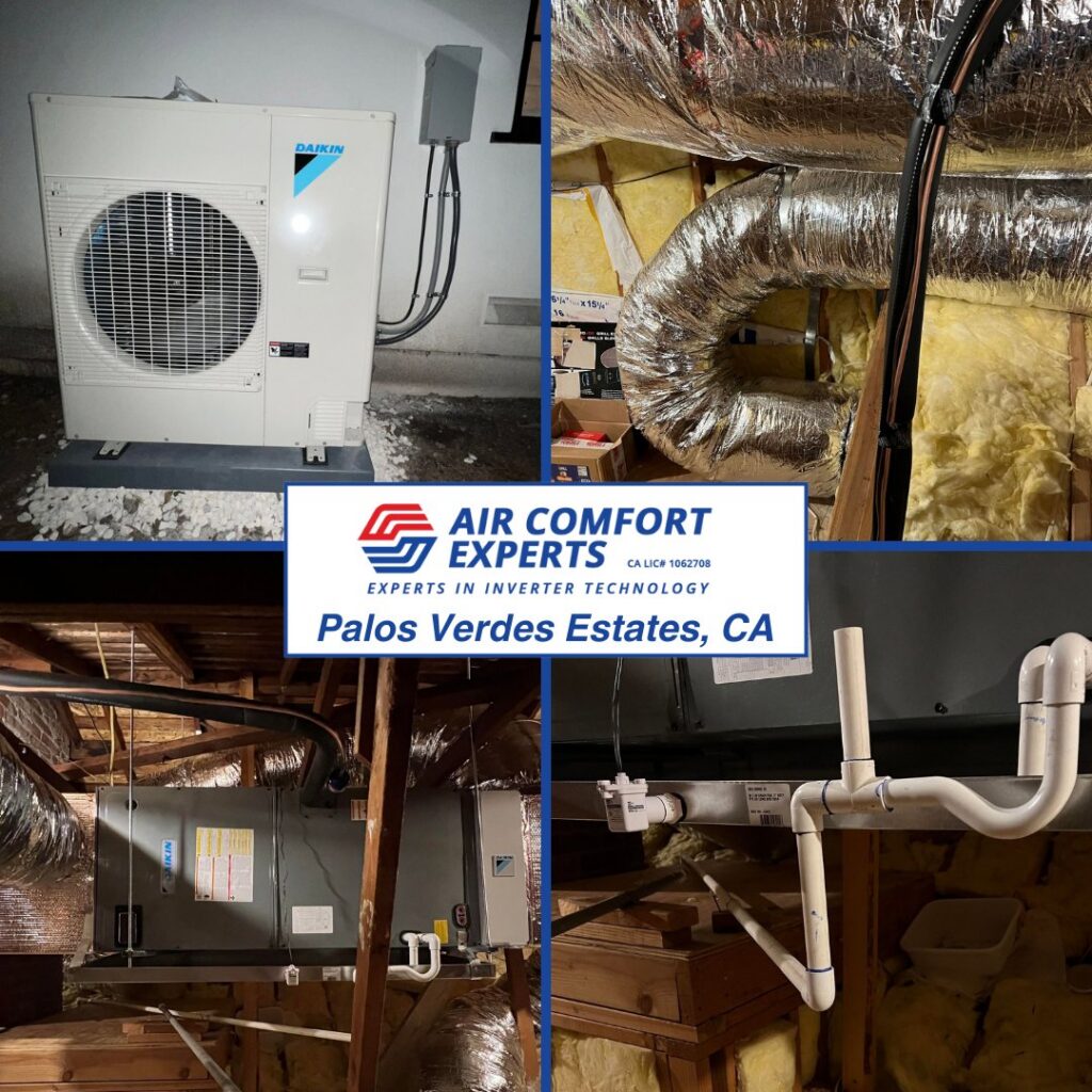 A collage showing a Daikin HVAC outdoor unit, ductwork, and indoor air handler installation by Air Comfort Experts in Pasadena, CA