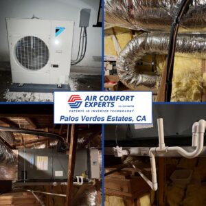 A collage showing a Daikin HVAC outdoor unit, ductwork, and indoor air handler installation by Air Comfort Experts in Pasadena, CA