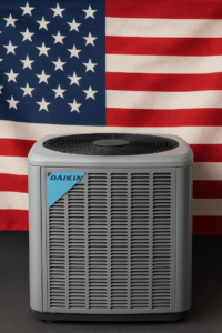 A Daikin outdoor HVAC unit displayed in front of an American flag by Egan Installations in Philadelphia, PA.