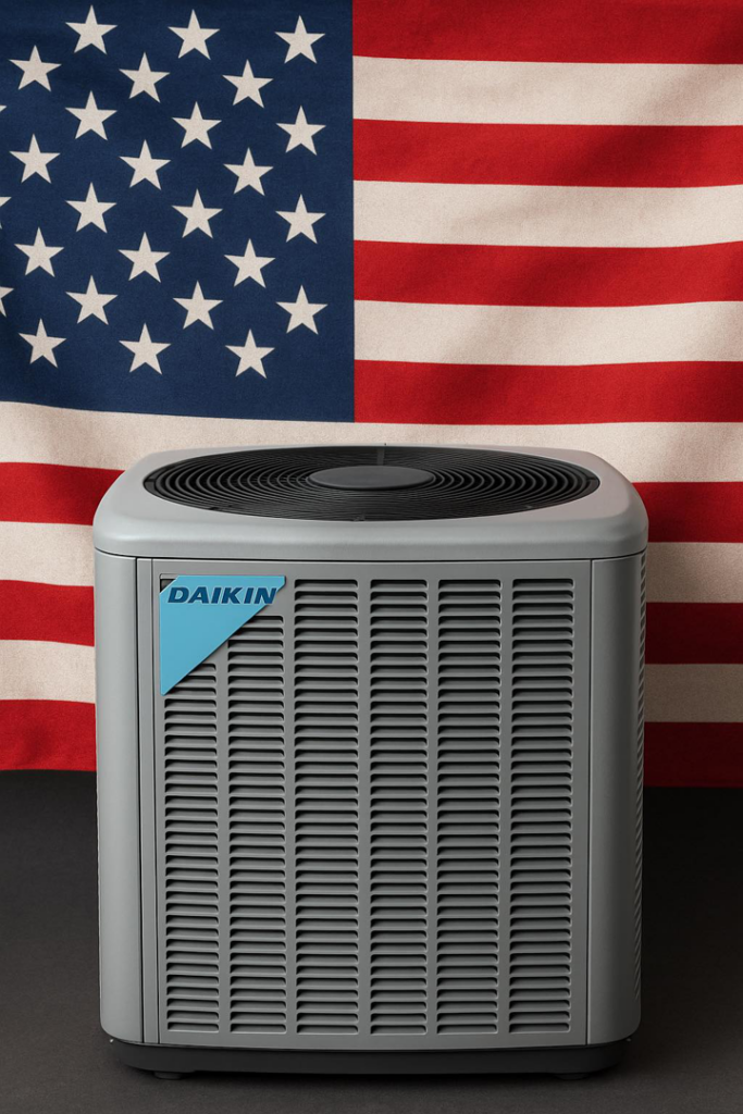 A Daikin outdoor HVAC unit displayed in front of an American flag by Egan Installations in Philadelphia, PA.