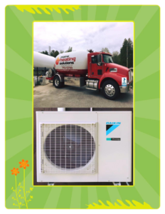 A Daikin outdoor HVAC unit and a Maine Heating Solutions propane truck, showing services in South Portland, ME.