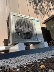 A Daikin mini-split outdoor condenser unit installed by Pronto Air, an HVAC contractor in Olathe, KS.