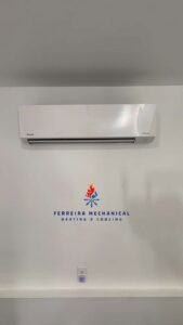 A Daikin mini-split indoor unit installed on a wall by Ferreira Mechanical, LLC in Fall River, MA