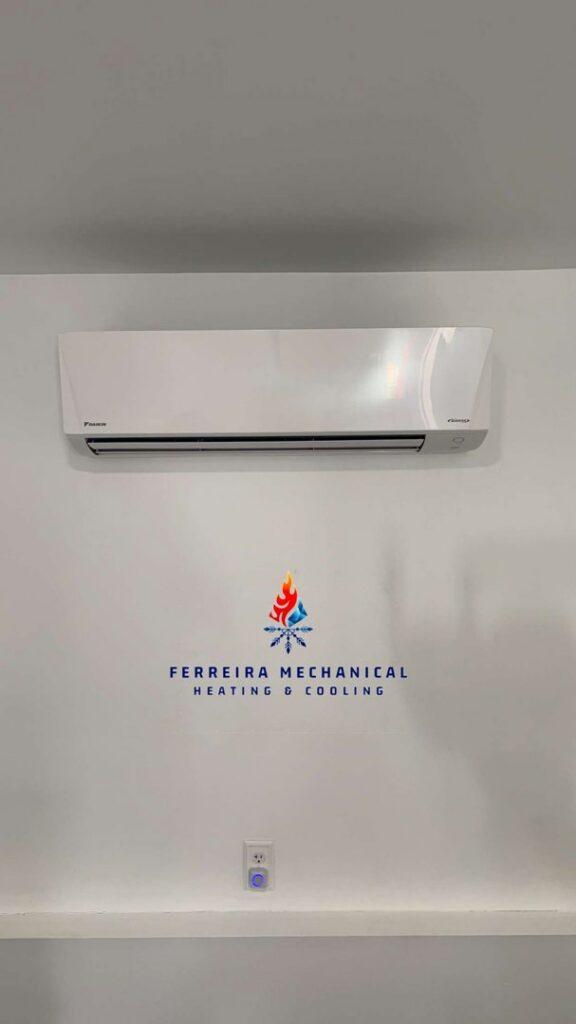 A Daikin mini-split indoor unit installed on a wall by Ferreira Mechanical, LLC in Fall River, MA