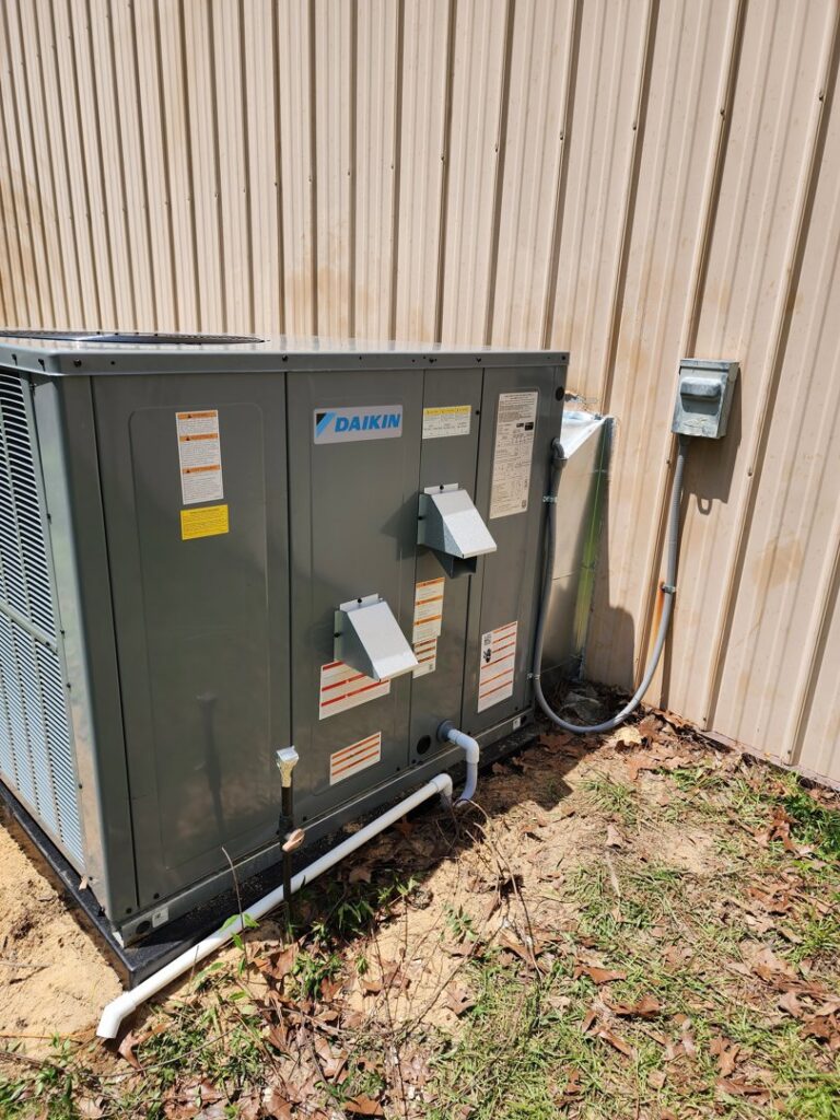 A Daikin outdoor HVAC unit with electrical connections installed by Krantz Kooling & Heating in West Columbia, SC
